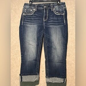 Miss Me Women's Mid-Rise Easy Crop Studded Distressed Embroidered Jeans Size 29